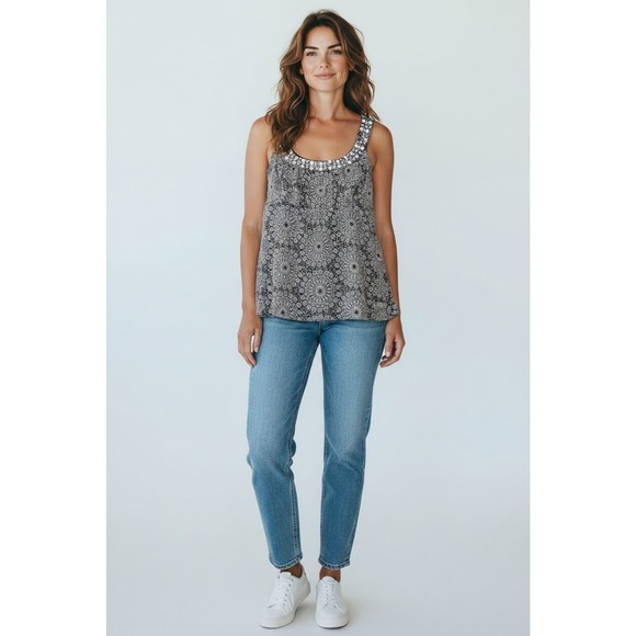 Ann Taylor LOFT Tops - Ann Taylor LOFT Women's Navy Blue White Medallion Beaded Tank Top Size 14